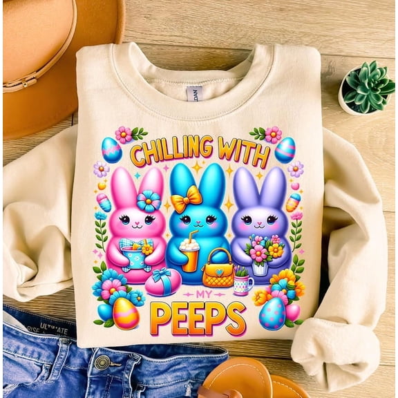 Chillin’ with My Peeps Sweatshirt, Funny Easter Bunny Shirt, Pastel Peeps Crewneck, Cute Easter Gift for Women and Teens