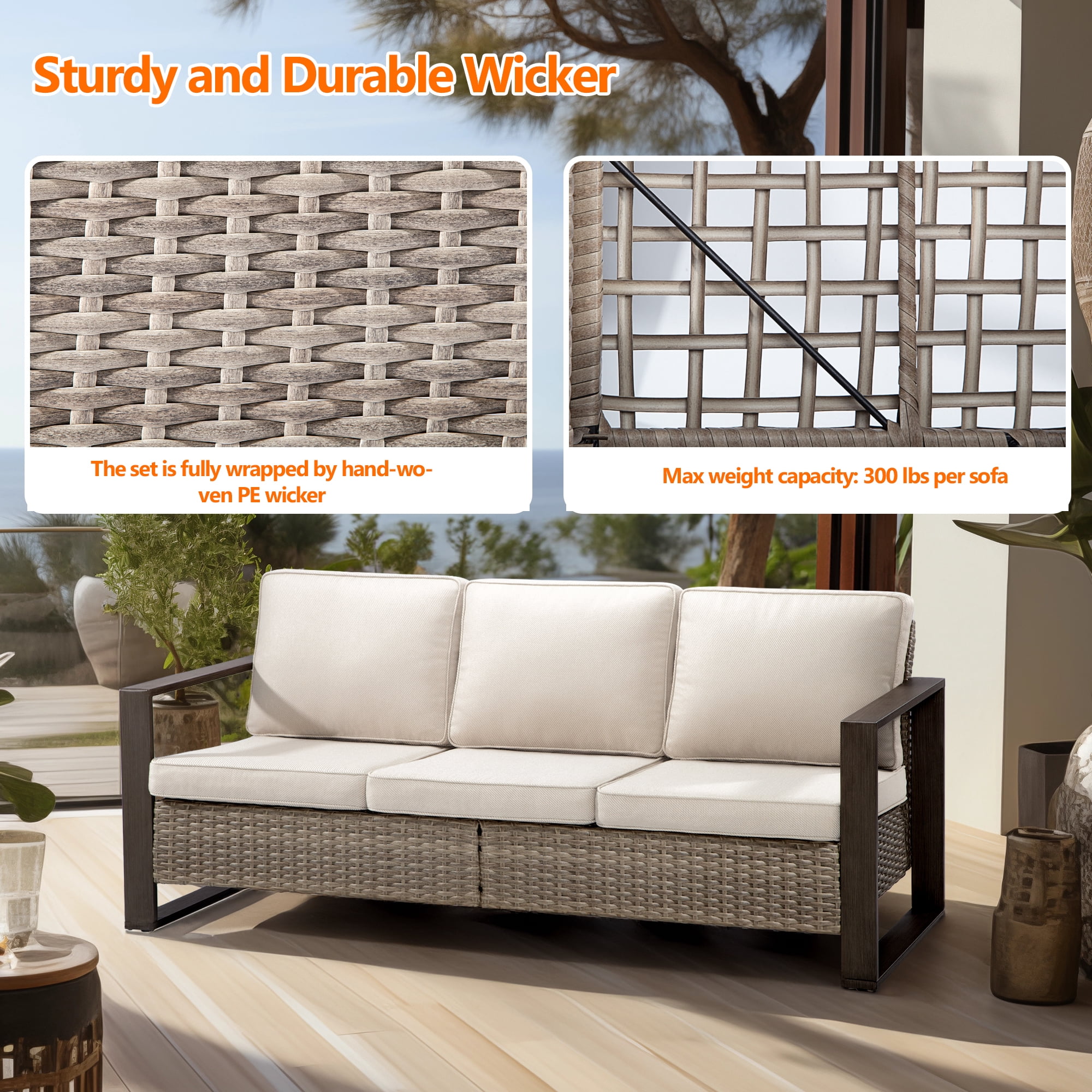 Meetleisure 3-Seat Patio Wicker Sofa with Removable Cushions, Beige