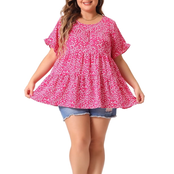 Blusa de peplum con volantes y cuello redondo para mujer de tallas grandes Agnes Orinda 4X Rosa Fucsia