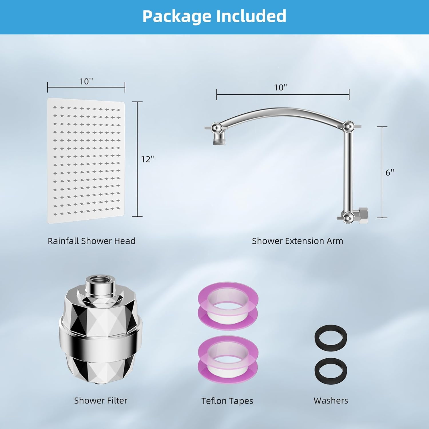 All Metal Rain Filtered Shower Head, 12'' High Pressure Rainfall Showerhead with 16" Shower Head Extension Arm, 20 Stage Shower Filter, Solid Brass Adjustable Shower Arm Extender, Chrome