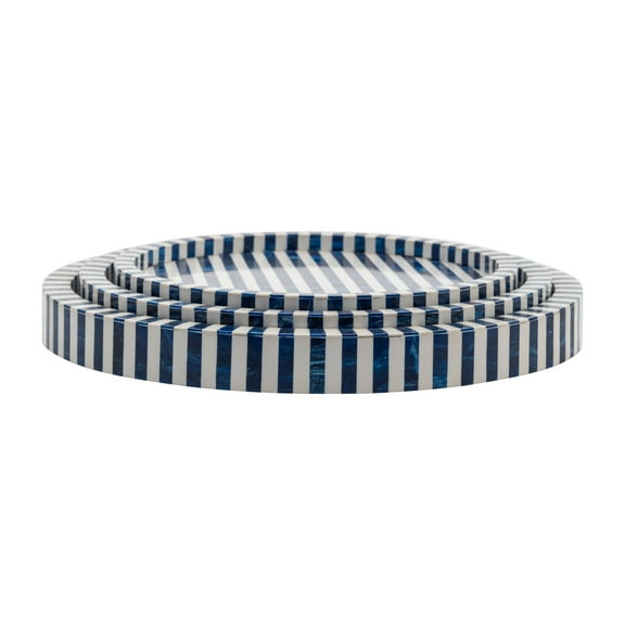 Sagebrook Home Resin, Set Of 3 12/14/16" Round Trays Blue, Round, 2.5"H, Striped - 16.0" x 16.0" x 2.5"
