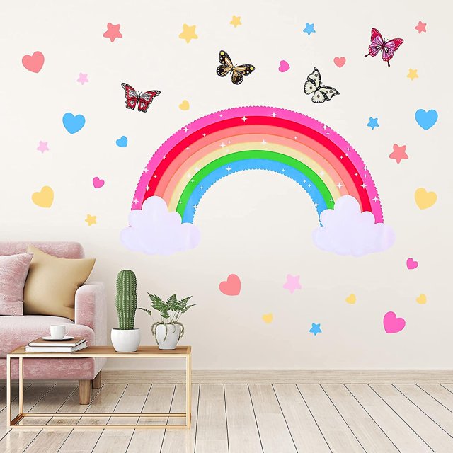 RainbowCalcomanías de pared de arcoíris, pegatina de pared de corazón de mariposa y estrella extraíble, estrella de acuarela, pegatina de pared de arco iris, vinilo, decoraciones p