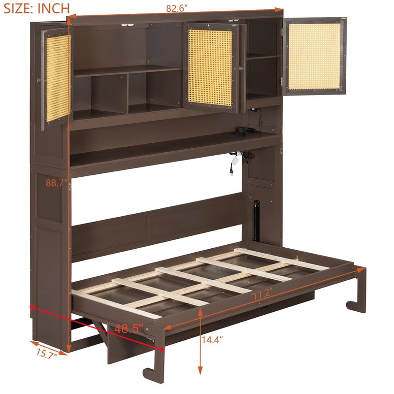 Twin Size Storage Murphy Bed with Cabinets w/ Rattan Door, Foldable Platform Bed Frame with Built-in Light & Charge Station