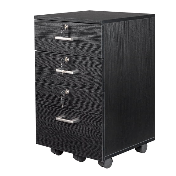 Ktaxon 3-Drawer Rolling Wood File Cabinet with Lock, Portable Vertical Mobile Wooden Storage Filing Cabinet for Home Office,Black
