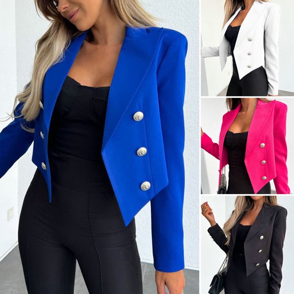 Joernso Long Sleeve Solid Color Loose Fit Women Blazer Double-breasted Placket Lapel Short Suit Jacket Outerwear