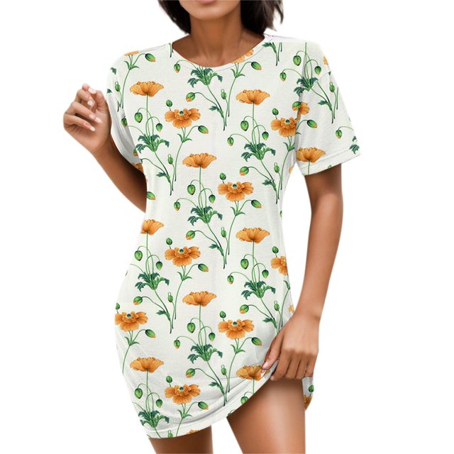 Gibobby Vestidos para Mujer Vestido de camiseta de manga corta con cuello redondo y estampado floral de moda de verano para mujer(Amarillo,XL)