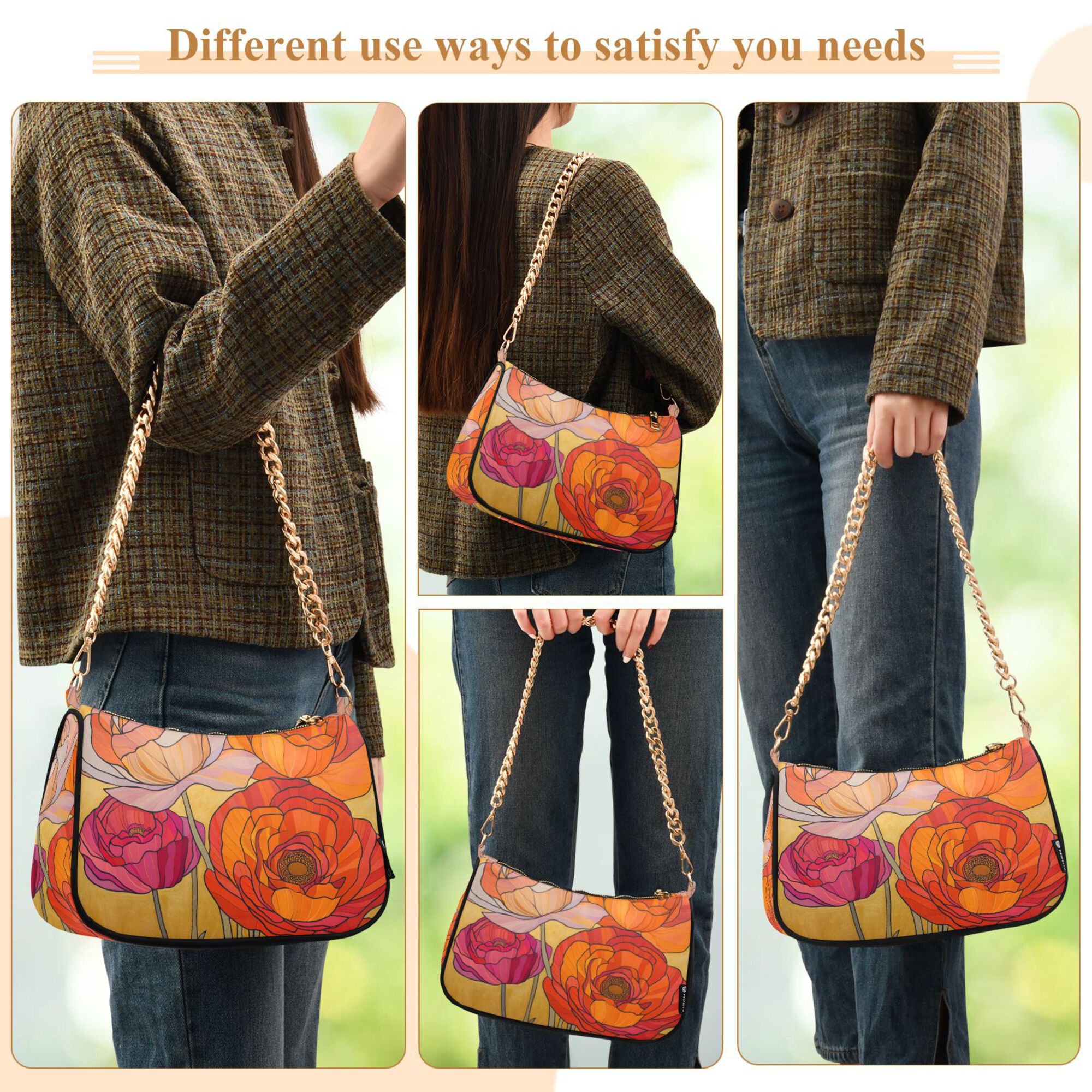 FORMRS Womens Shoulder Bag with Chain Strap Clutch Purse Cute Tote Handbag, Orange Abstract Floral