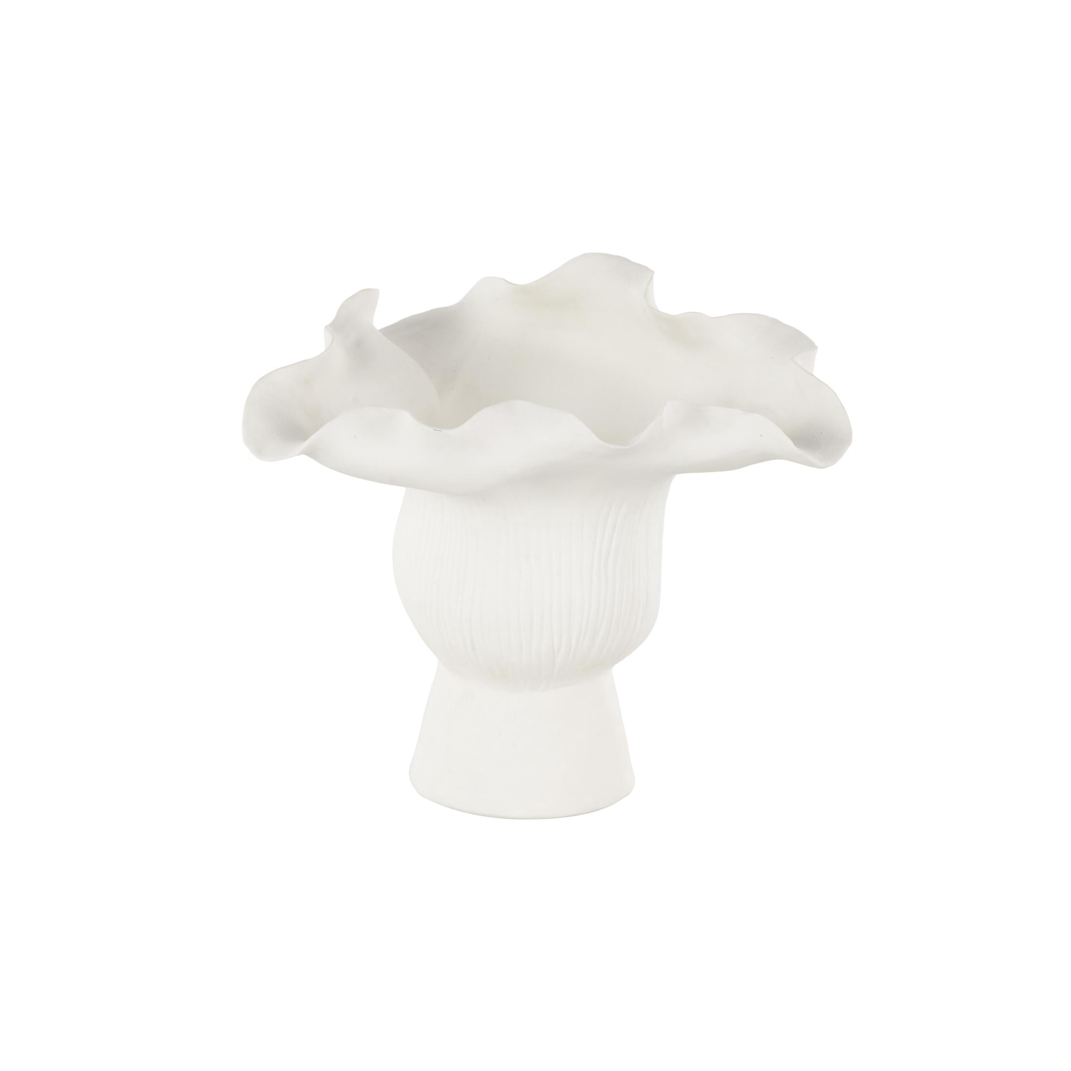 DecMode 8" Abstract Floral Inspired White Ceramic Vase with Wavy Folded Rim and Linear Grooves