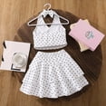 thumbnail image 4 of Girls 2-Piece Outfit Polka Dots Halter Neck Crop Top & Tiered Ruffle Skirt Set Cute Casual Summer Clothes for Kids White 9-10 Years, 4 of 6