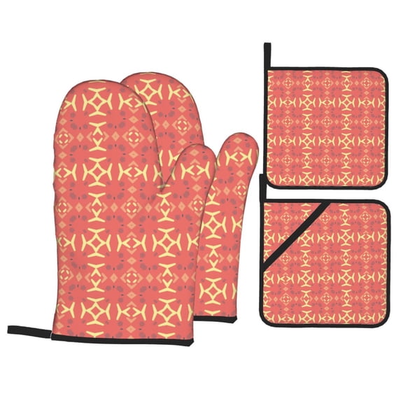 YFYANG Oven Mitts and Pot Holders Sets 4 Pieces, Non-Slip Heat Resistant Red Abstract Geometric Art Kitchen Glove Pot Mat for Cooking and Baking