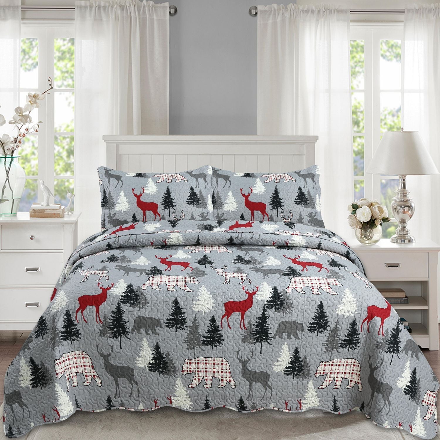 Marina Decoration Rich Printed Embossed Pinsonic Coverlet Bedspread Ultra Soft Bedding Summer Quilt Set with Shams, Cabin Reindeer Moose Bear Pattern