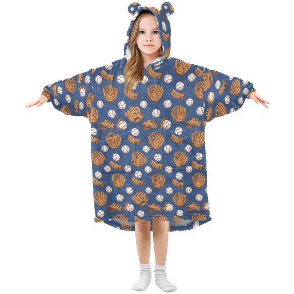 Wearable Blanket Hoodie Oversized Blanket Hoodie for Boys Girls Teens 3-14YR Baseball Blue