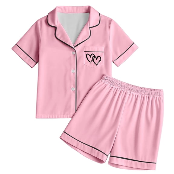CAIVO Child Girls 2pcs Tween Girl Heart Print Button Down Lapel Short Sleeve Summer Shirt Tops Shorts Outfit Sets Soft Comfortable Kids Versatile Clothing Sets