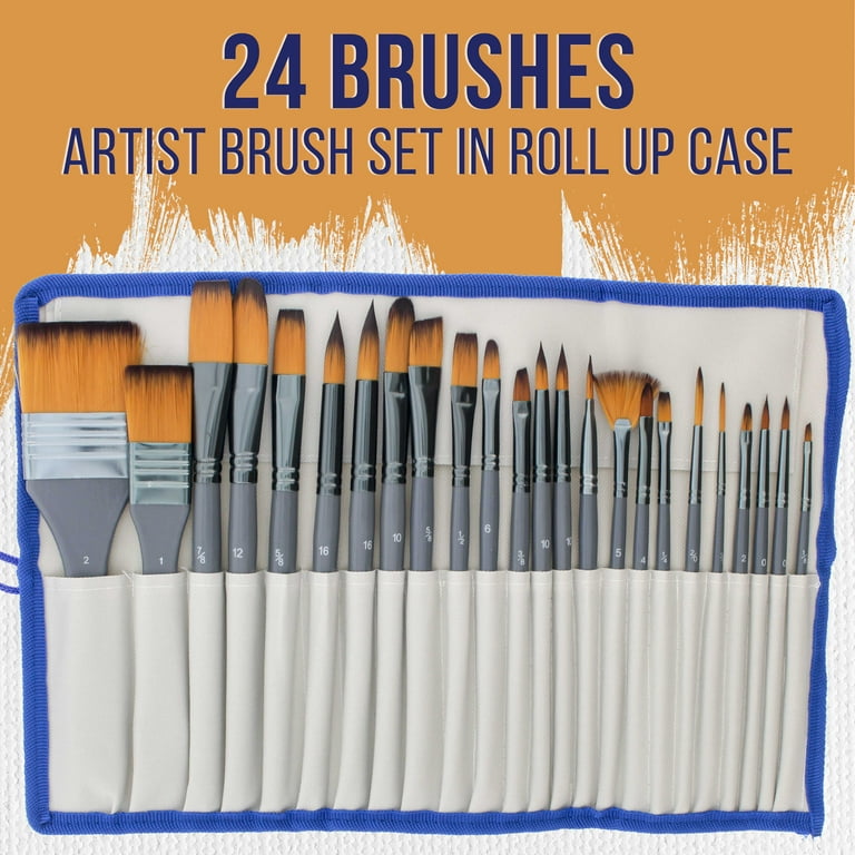 U.S. Art Supply 24-Piece Artist Paint Brush Set - Professional All-Purpose Taklon Synthetic Brushes, Filbert, Round, Flat Bristles - Painting