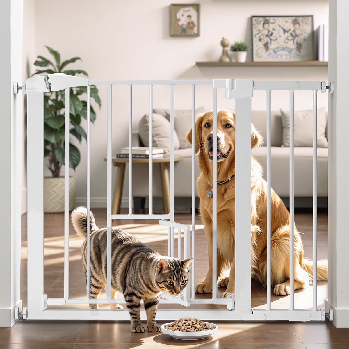 Pet Safety Gate, 29.5''-40.5''Wide Pet Safety Gate with Cat Door, White