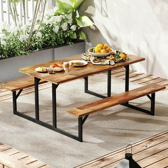 Costway Outdoor Patio Acacia Wood Picnic Table Dining Set with 2