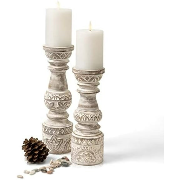 Candle Holders - Boho Set of 2 Tall Candle Stands | Decorative Wood 10" and 12" high | White Washed Candle Holders for Pillar Candles$$Home Decor, Kitchen, & Other