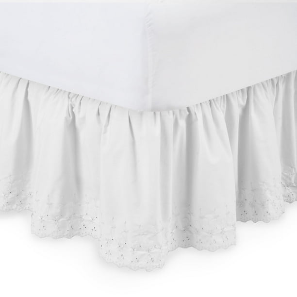 Eyelet Ruffled Bed Skirt 21'' Drop, King , White Dust Ruffle with