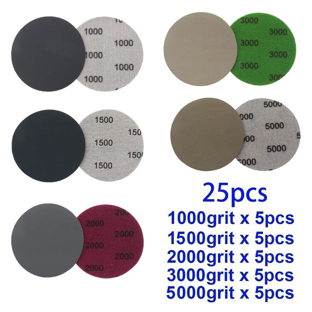 25Pc 5 Inch 1000-3000 Grit Hook & Loop Polishing Sanding Discs Sandpaper Wet/Dry 