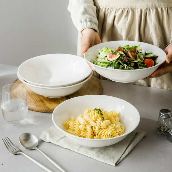 LIFVER 9in /48Oz Ceramic Salad Bowl, Set of 4 Large Pasta Serving Bowls for Home, Porcelain Cereal Soup Bowls Ceramic, Microwave &Dishwasher Safe, Glazed White