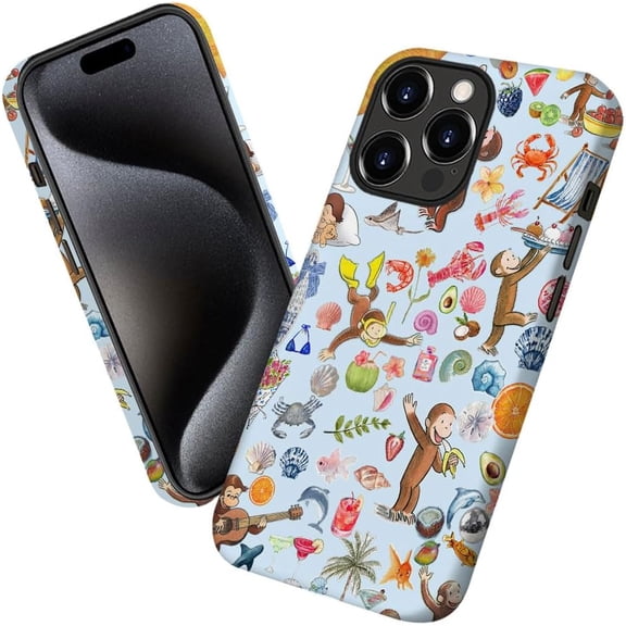 Case for iPhone 16 Pro, Curious Monkey Blue Collage Phone Case Military-Grade Drop Protection Cover for Women Girl - Frosted