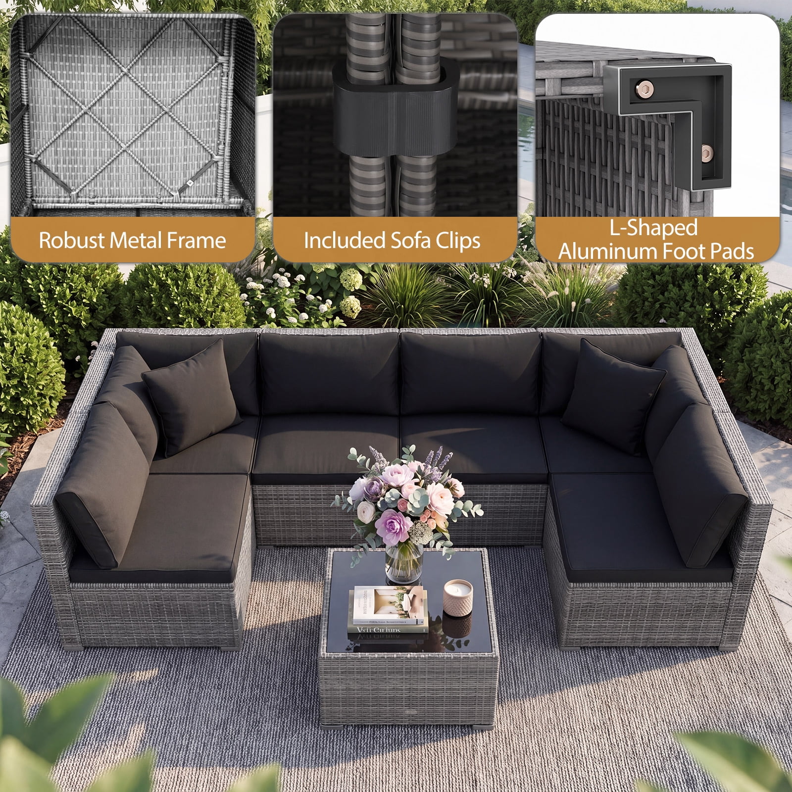 Costway 7PCS Patio Rattan Furniture Set Sectional Sofa Cushioned Garden Black