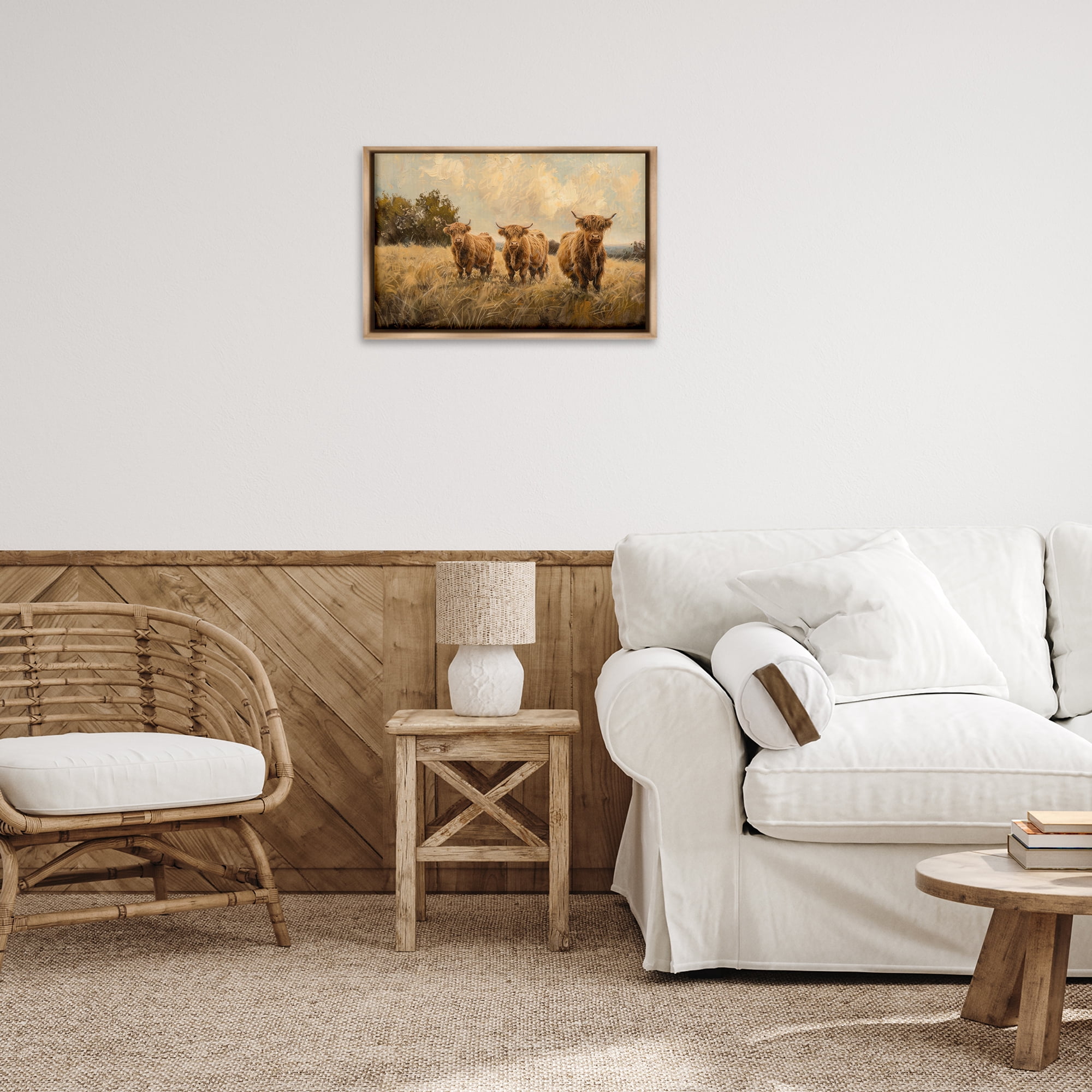 Stupell Industries Three's A Party Cattle Animals & Insects Painting Brown Floater Framed Canvas Art Print Wall Art, 25 x 17