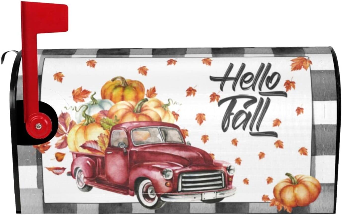Fall Pumpkin Truck Mailbox Cover Magnetic Standard Size 18" X 21" Hello Fall Mailbox Covers Autumn Thanksgiving Mailbox Wraps Post Letter Box Cover for Outdoor Decor