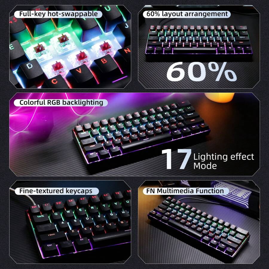 KL61 Wired 60% Mechanical Gaming Keyboard RGB Backlit 61 Keys Ultra-Compact With Hot Swappable Blue/Red Switch