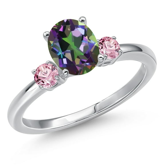 Gem Stone King 14K White Gold Green Mystic Topaz and Pink Lab Grown Diamond Engagement Ring for Women | 1.84 Cttw | Oval 8X6MM | Gemstone November Birthstone | Size 5