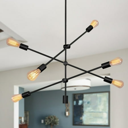 

6 Lights Black Sputnik Chandelier Pendant Mid Century Iron Chandelier Ceiling Light Industrial Pendant Lamp Lighting Fixture for Dining Room Living Room Kitchen Bar