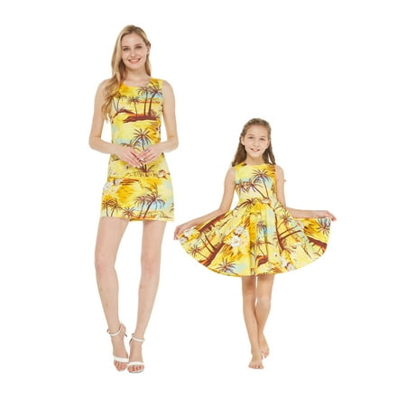 

Matching Hawaiian Luau Mother Daughter Dresses in Sunset and Dolphin Yellow