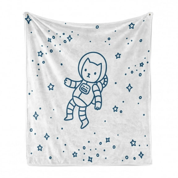 Cat Soft Flannel Fleece Throw Blanket, Cartoon Astronaut Pioneer Cat Flying in Outer Space Doodle Style Constellation, Cozy Plush for Indoor and Outdoor Use, 50" x 70", Dark Blue, by Ambesonne