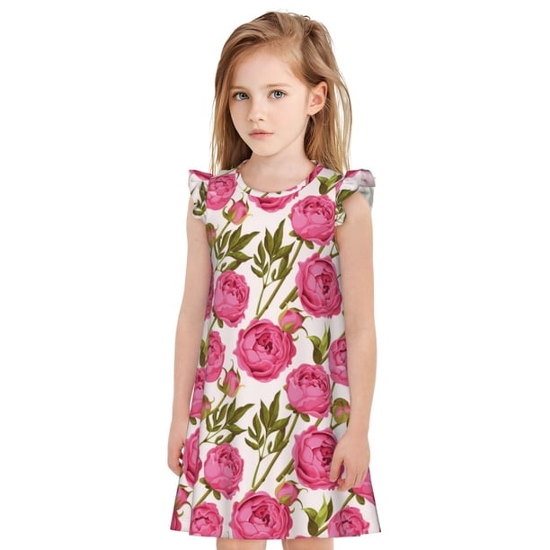Fotbe Rose Flowers Vestido de Dormir para Niñas de 3 a 10 Años, Mangas Cortas, Estilo Princesa, Pijama Camisón con Mangas Voladas-X-Large