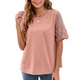 thumbnail image 1 of Camiseta de manga corta de encaje para mujer Blusa elegante de cuello redondo de color puro a la moda para citas Rosa M, 1 of 6
