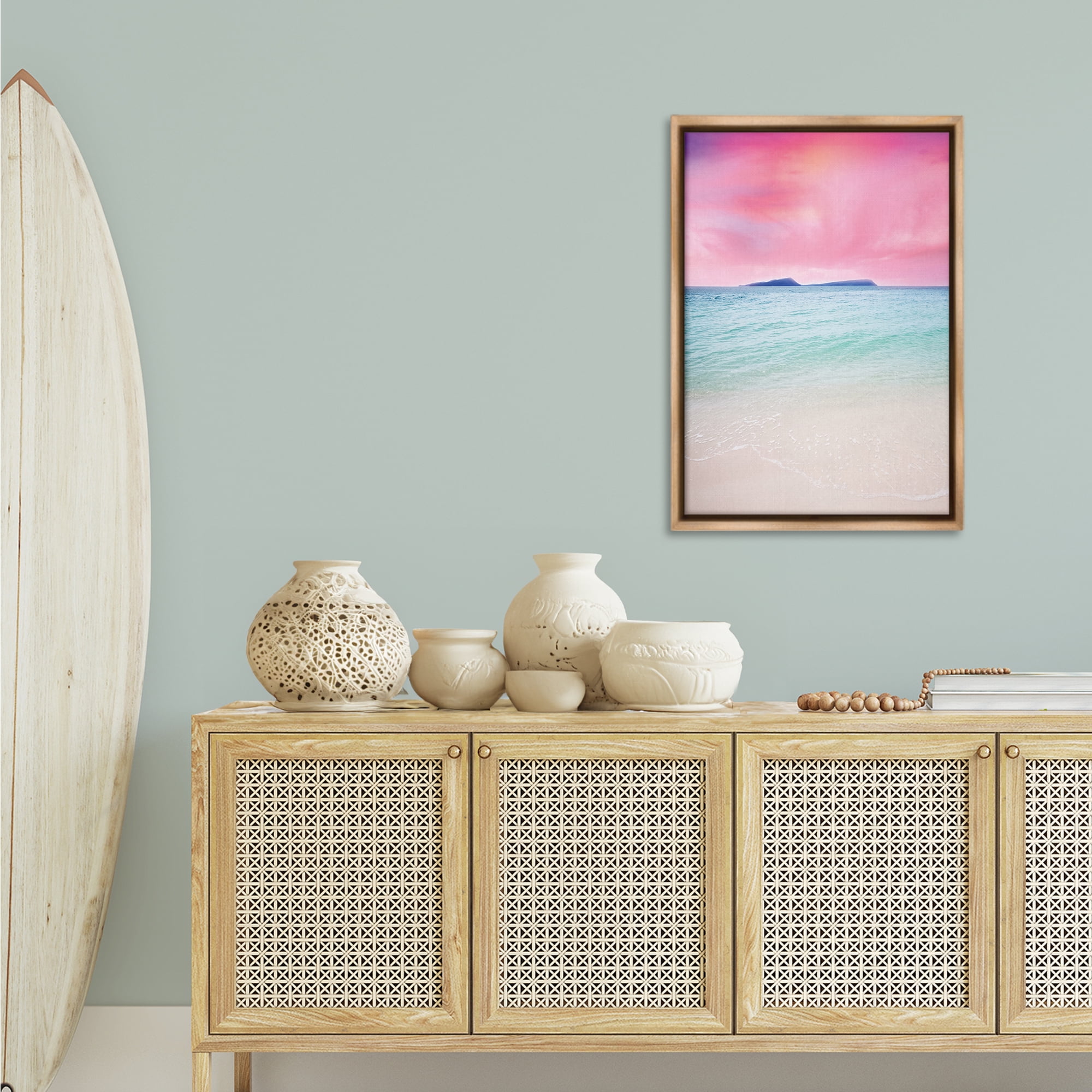 Stupell Industries Pink Sky Shoreline Landscape & Nature Photography Brown Floater Framed Canvas Art Print Wall Art, 21 x 31