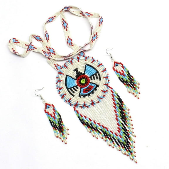 Handmade beaded Cream Eagle necklace earrings set