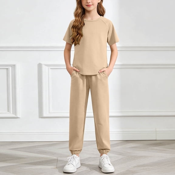 Girls Solid Color Sporty Jogger Set – Comfy Summer Outfit for Kids Ages 6-14 Years, Versatile Casual Daily Wear with Elastic Waist and Pockets