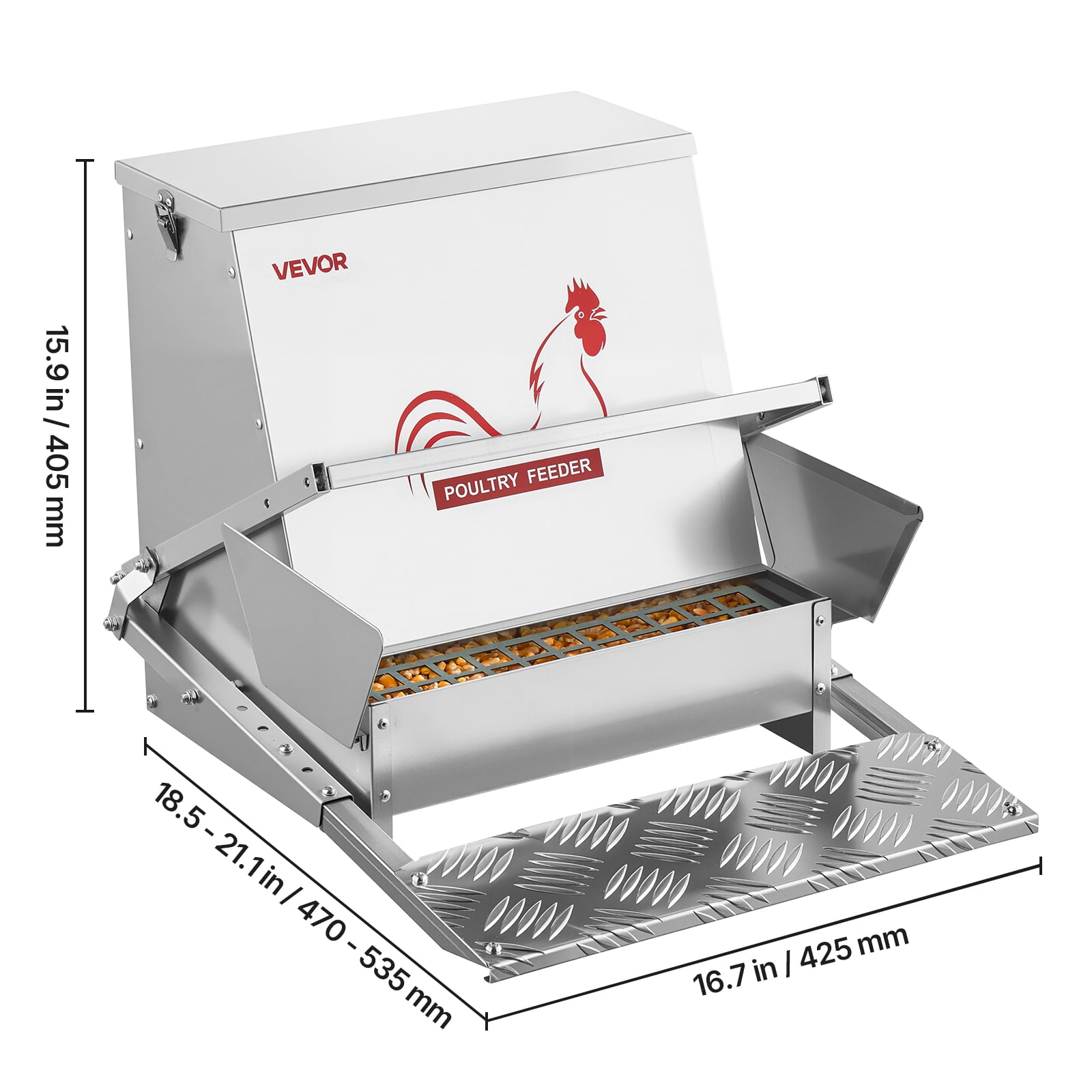VEVOR Automatic Chicken Feeder, 40 lbs Capacity, Rainproof Treadle Poultry Feeder with Lockable Lid, No Waste, Galvanized Steel Construction, Outdoor Use, for Chicken, Bantams, Poultry, Pheasants