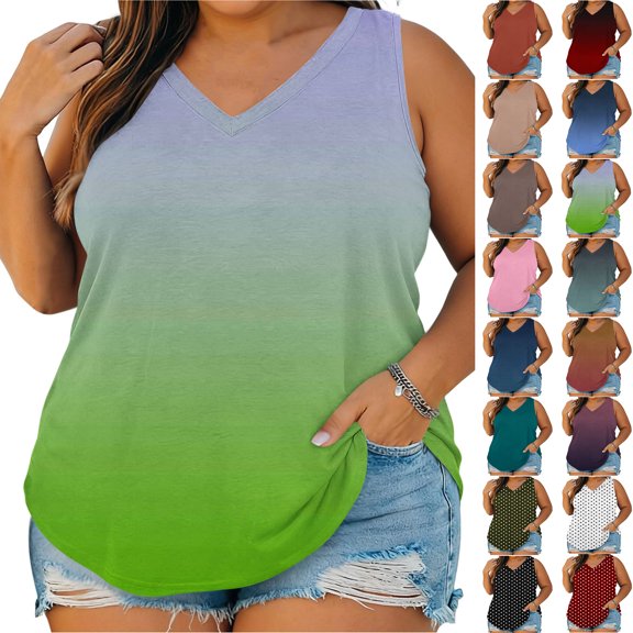 Smsaxvxz Plus Size Tank Tops for Women Casual Gradient V Neck Sleeveless Loose Fit Shirts Flowy Blouses Beach Vacation Clothes Fashion 2026 Green 5XL