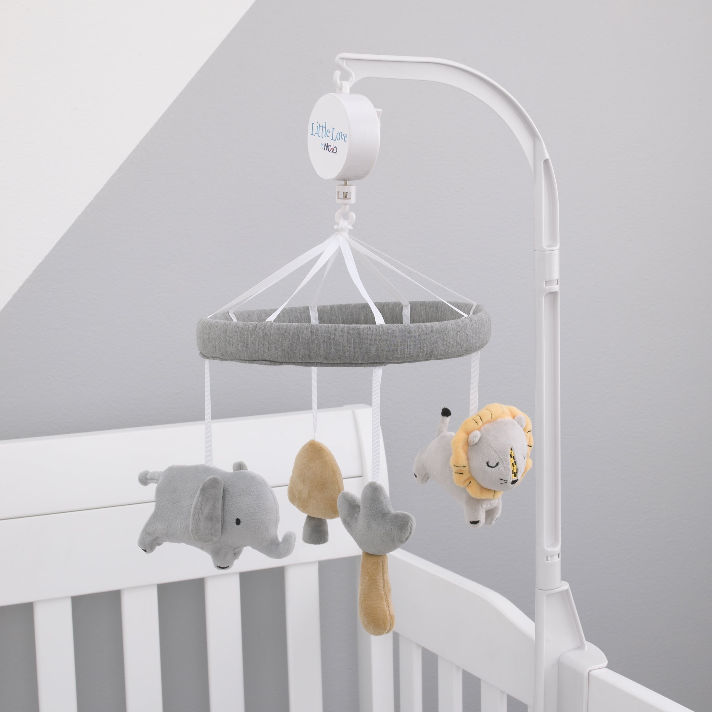 Elephant Musical Mobile With Plush Lion Grey White Mushroom Yellow Charcoal Little Love By Nojo Roarsome Lion Yellow Palm Tree Grey