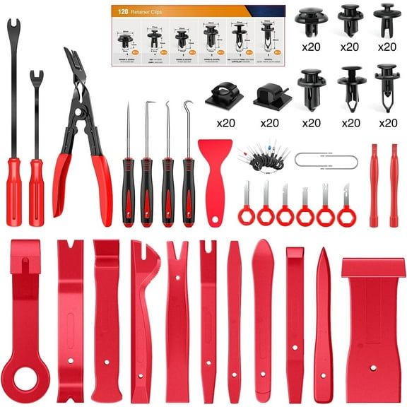 GOOACC 200Pcs Nylon Auto Push Pin Bumper Retainer Clip Set Fastener Terminal Remover Tool Adhesive Cable Clips Round Handle Crowbar Removal Kit Car Panel Radio Removal Auto Clip Pliers