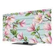Indoor Elastic TV Cover, Pink Magnolia Dust Proof TV Screen Slipcover Protection, Rustic Botanical Budding Flowers Aqua Wooden Stretch Waterproof Monitor Fitted 55" TV Covers for Inside