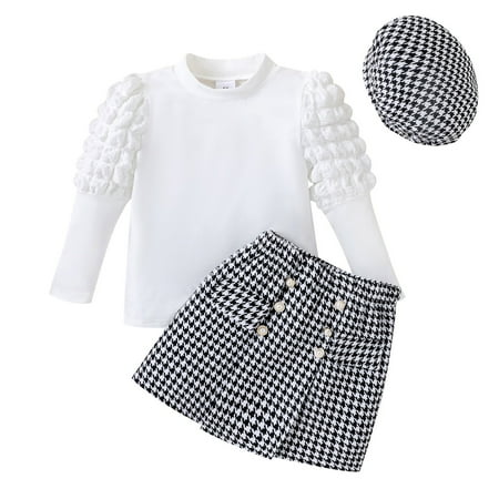 

Binhe Toddler Girls Bubble Sleeve Glitter Cutout Top with Plaid Print Irregular Skirt and Hat Perfect Fall Outfit Soft and Cozy Cotton Blend Ideal for Parties Casual Wear and Photography