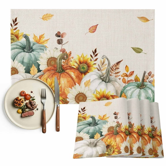 Farmhouse Fall Thanksgiving Placemats Set of 8, Orange White Blue Pumpkins Sunflower Table Mats Washable Heat-Insulation Non-Slip Place Mats for Kitchen Dinner Table Indoor Outdoor Decor,13x19 Inch