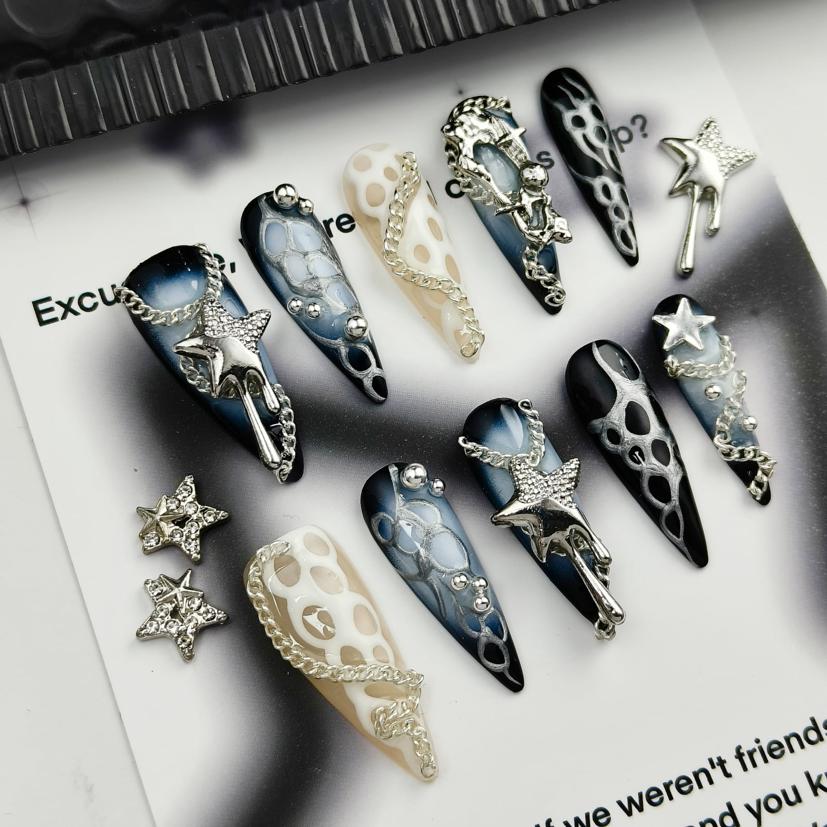 Handmade Press-On Nails with Silver Star and Chain 3D Accents