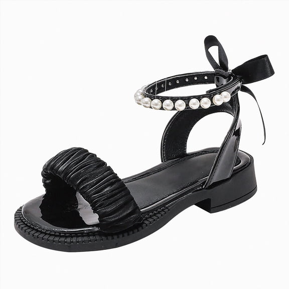 Ymyiu Heels for Kids Girls Girls Sandals Low Heel Dress Pump Ankle Strap Flower Party Shoes for Little Kid/Big Kid Size 3.5 (Black,Big Kids 3.5)