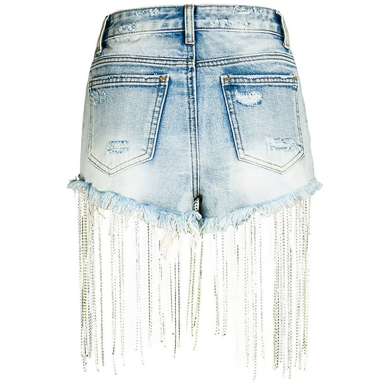 Denim shorts with long fringe deals