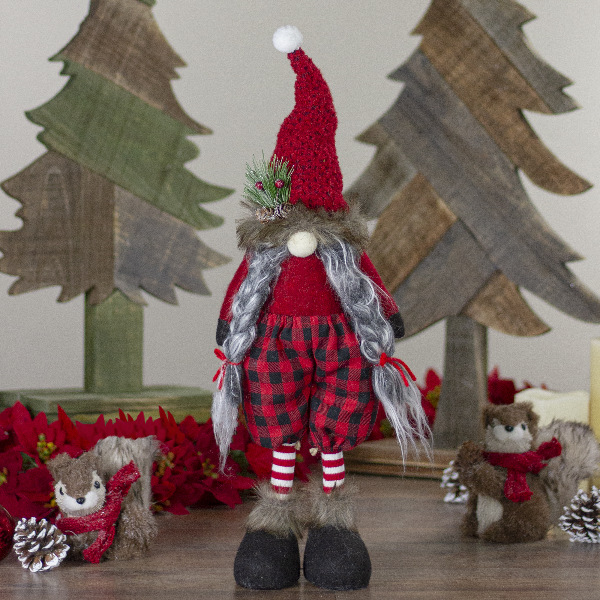 Northlight Buffalo Plaid Girl Gnome with Pigtails Christmas Figure - 17" - Red and Black