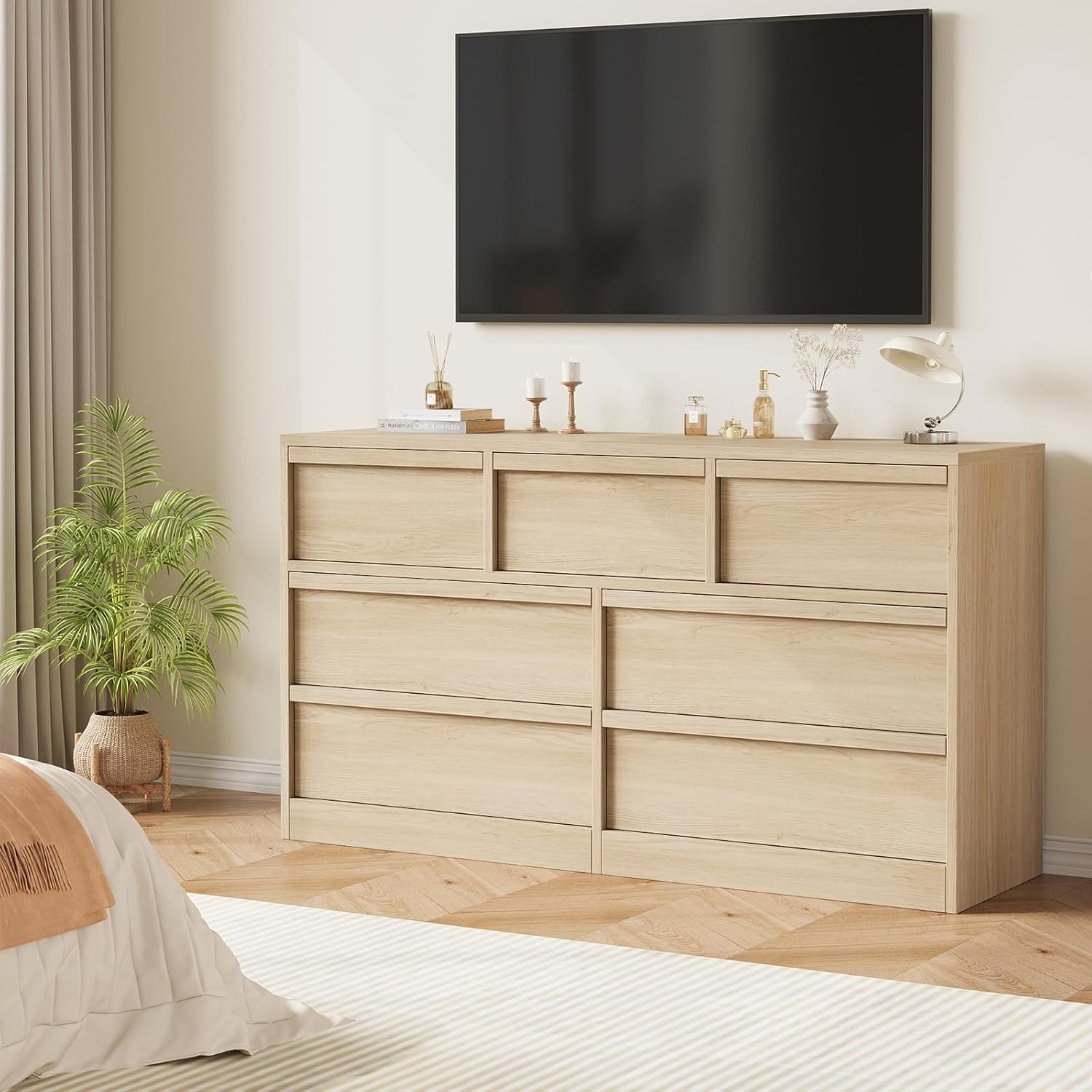 7 Drawer Dresser for Bedroom, 54in Wide Natural Oak 8 Chest of Drawers with Large Storage, Wooden Dresser Organizer for Living Room, Entryway, Nursery